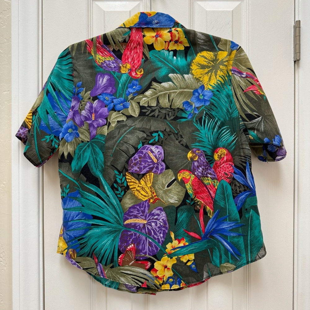 Vintage 90s Tropical Floral Parrots Hawaiian Shirt Blouse Tiki Butterfly Jungle - Picture 8 of 10